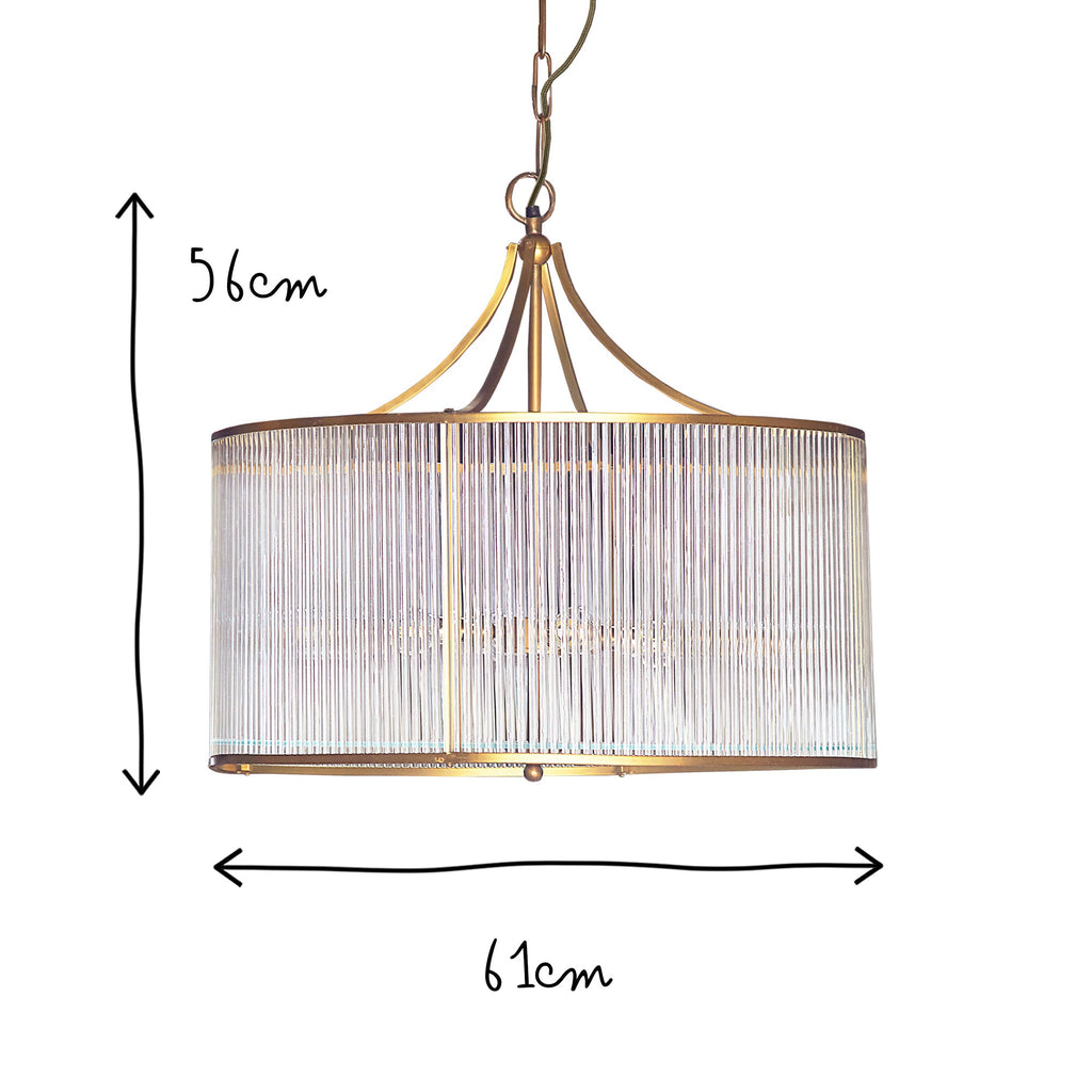Artemis circular chandelier in brass with glass rods and frosted glass baffle