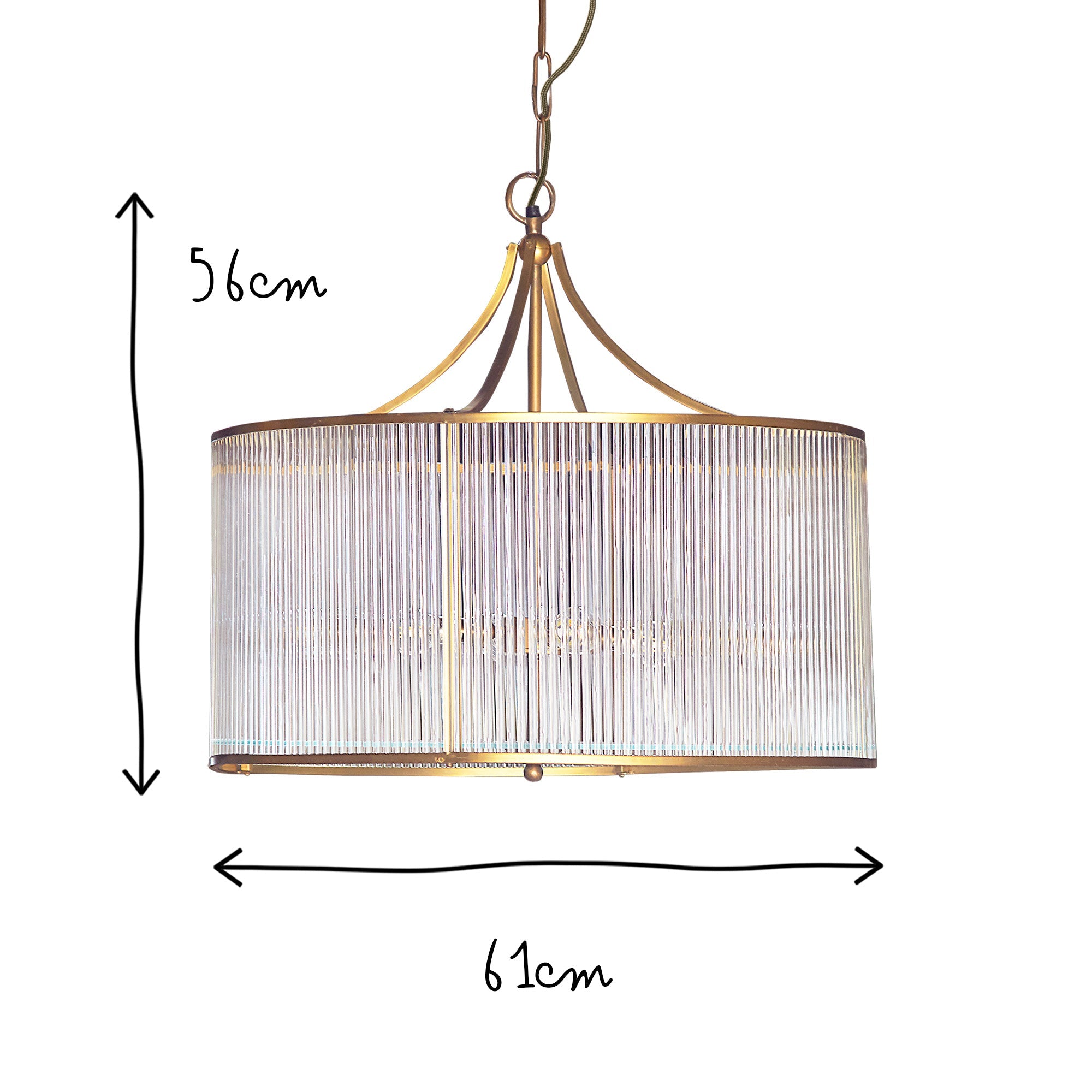 Artemis circular chandelier in brass with glass rods and frosted glass baffle