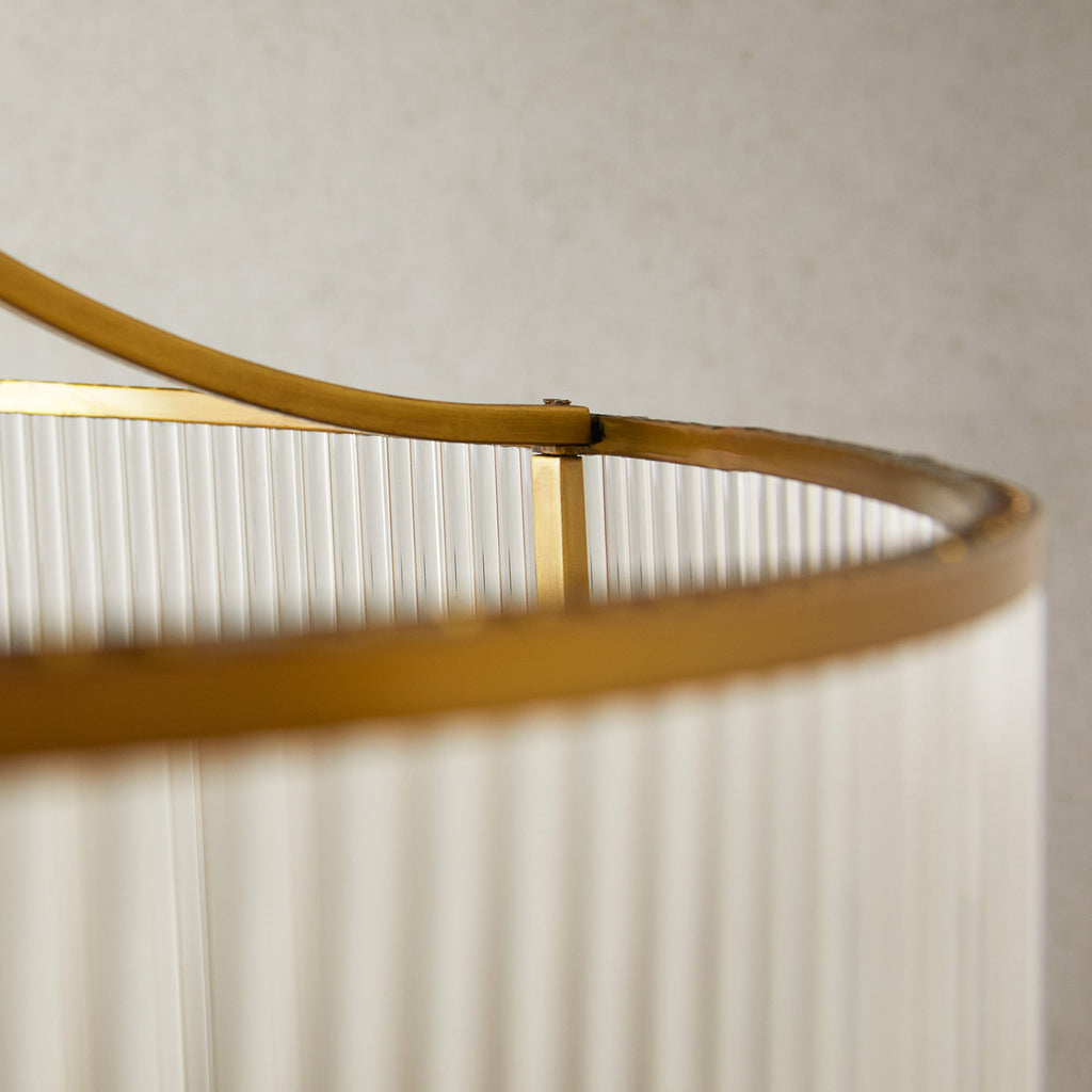 Artemis circular chandelier in brass with glass rods and frosted glass baffle