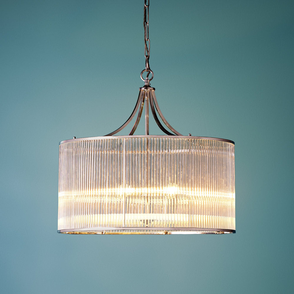 Artemis Chandelier in nickel with glass rods and frosted glass baffle