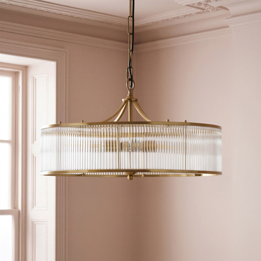 Athena Chandelier in brass with glass rods and frosted glass baffle