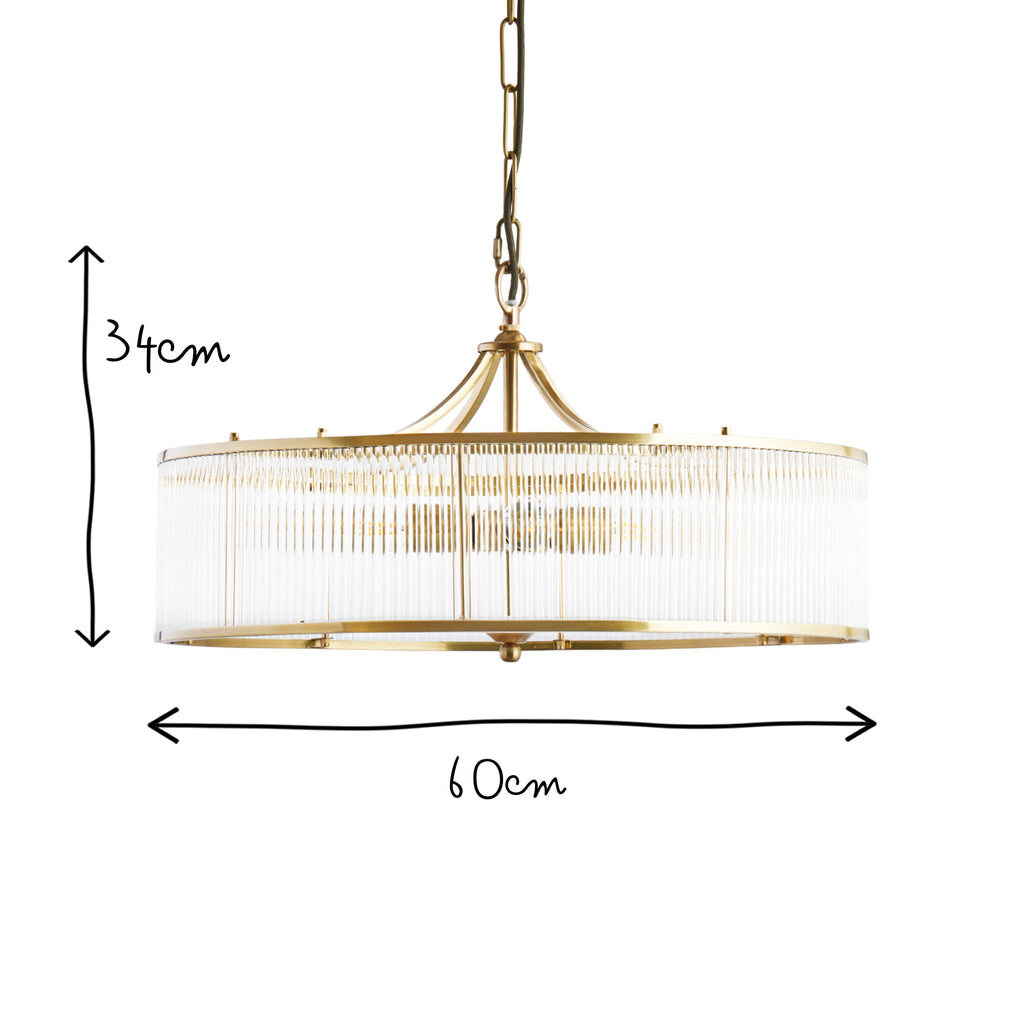 Athena Chandelier in brass with glass rods and frosted glass baffle