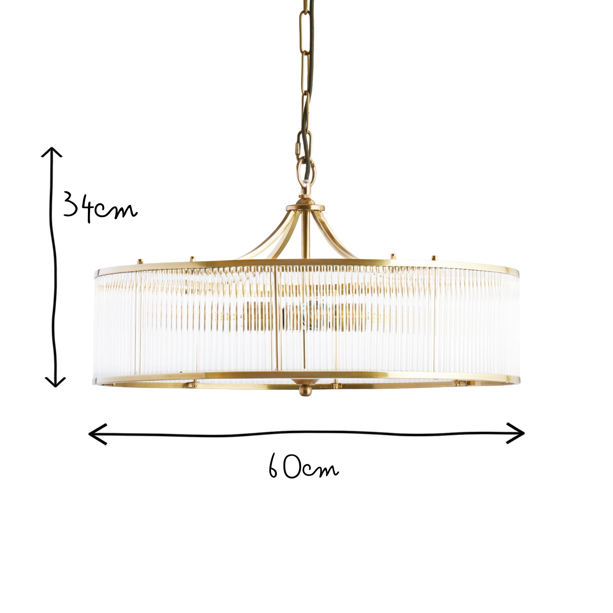 Athena Chandelier in brass with glass rods and frosted glass baffle