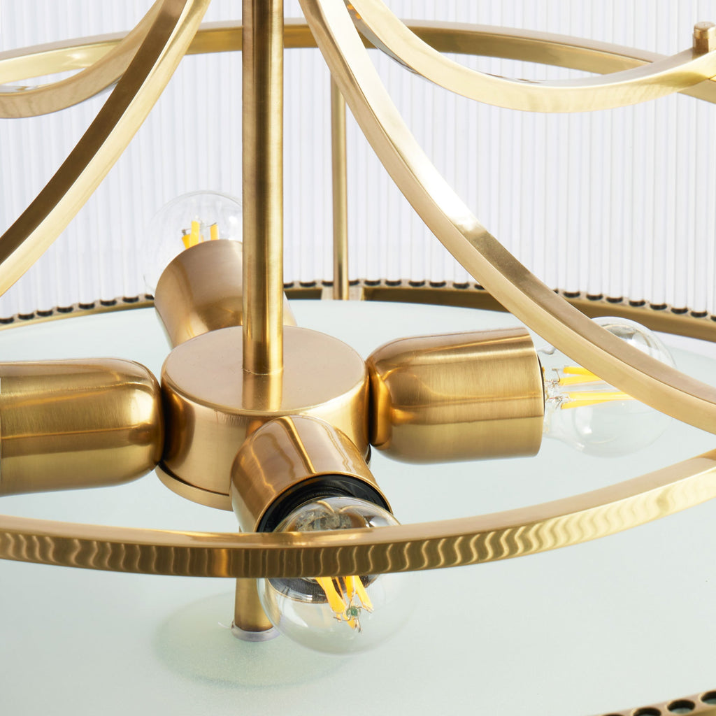 Athena Chandelier in brass with glass rods and frosted glass baffle