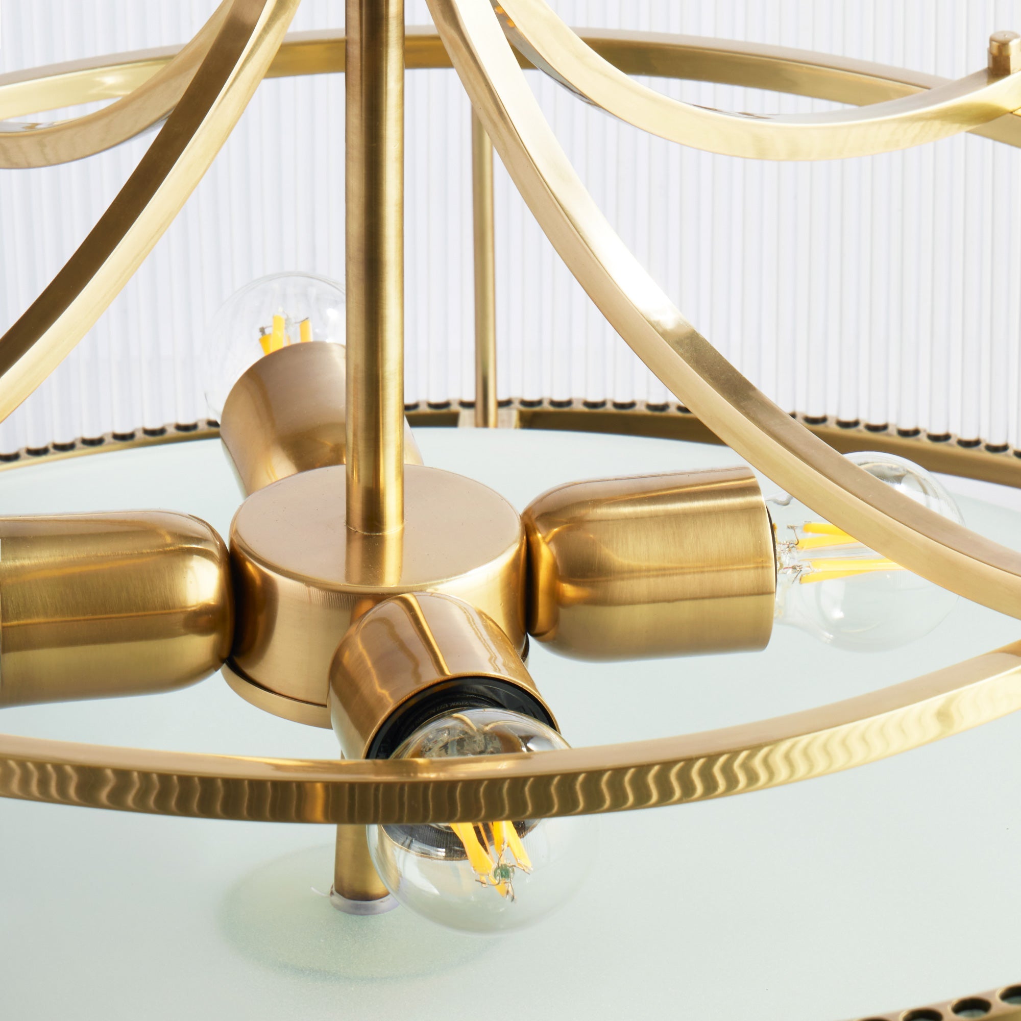 Athena Chandelier in brass with glass rods and frosted glass baffle