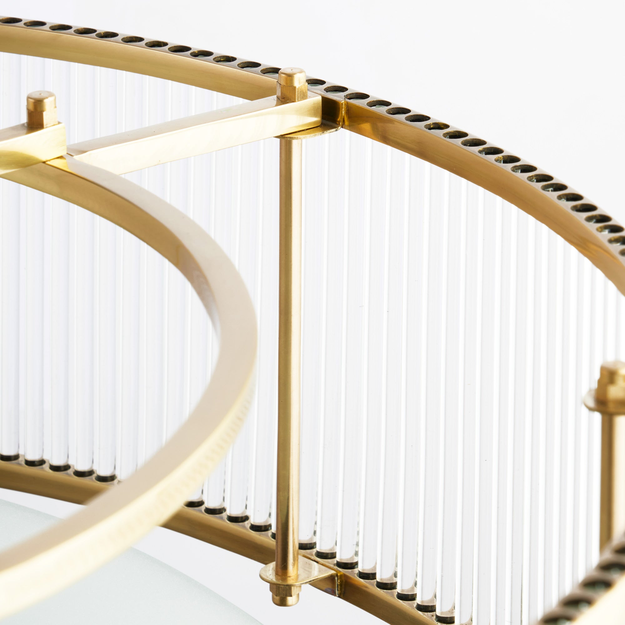 Athena Chandelier in brass with glass rods and frosted glass baffle