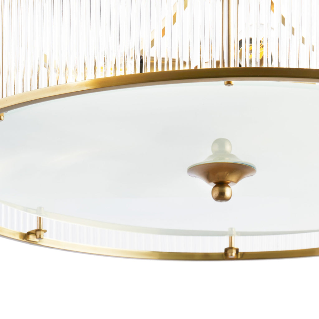 Athena Chandelier in brass with glass rods and frosted glass baffle