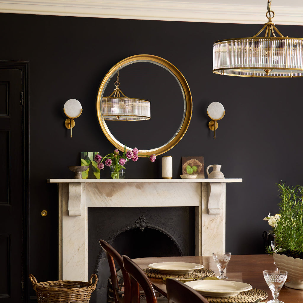 Athena Chandelier in brass with glass rods and frosted glass baffle