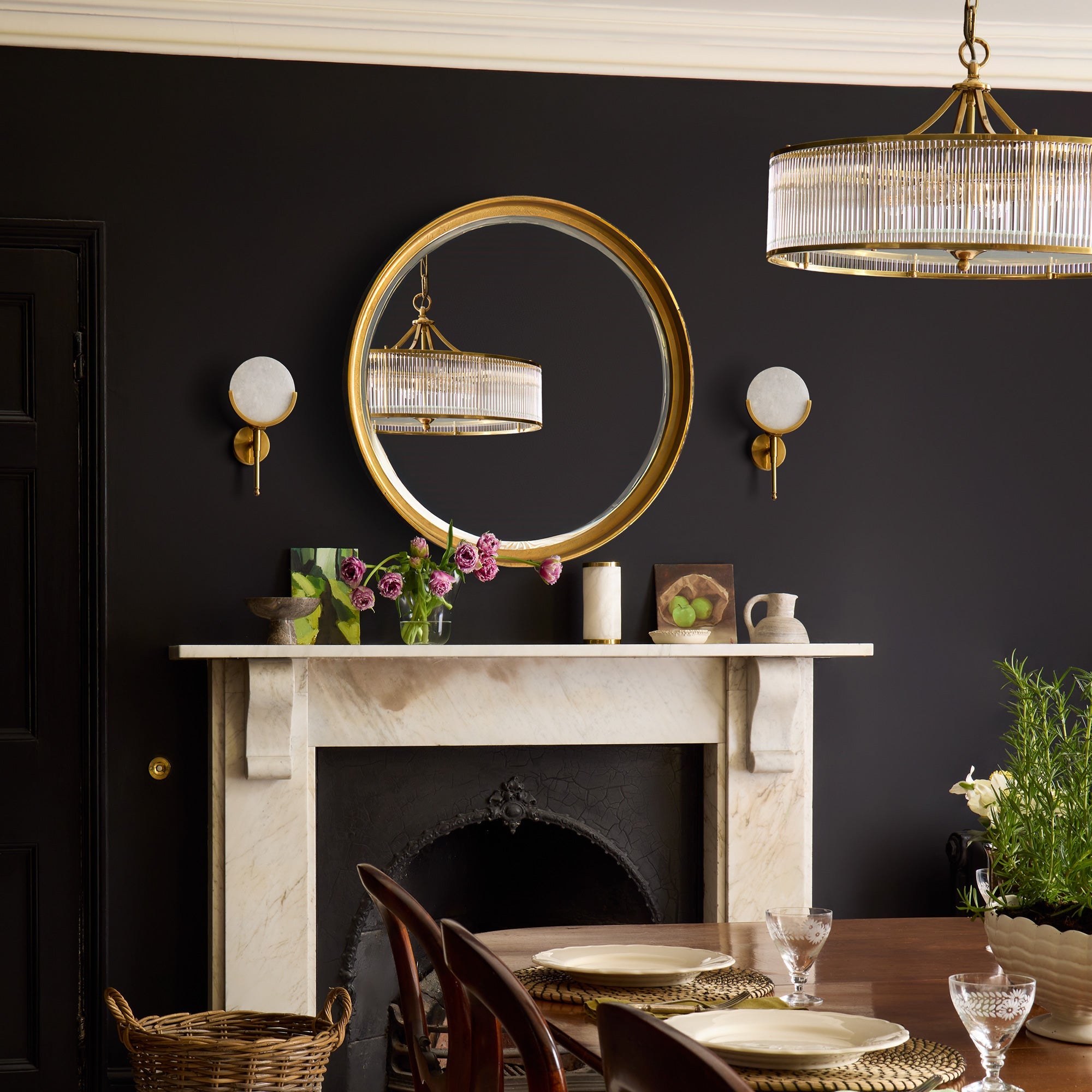 Athena Chandelier in brass with glass rods and frosted glass baffle