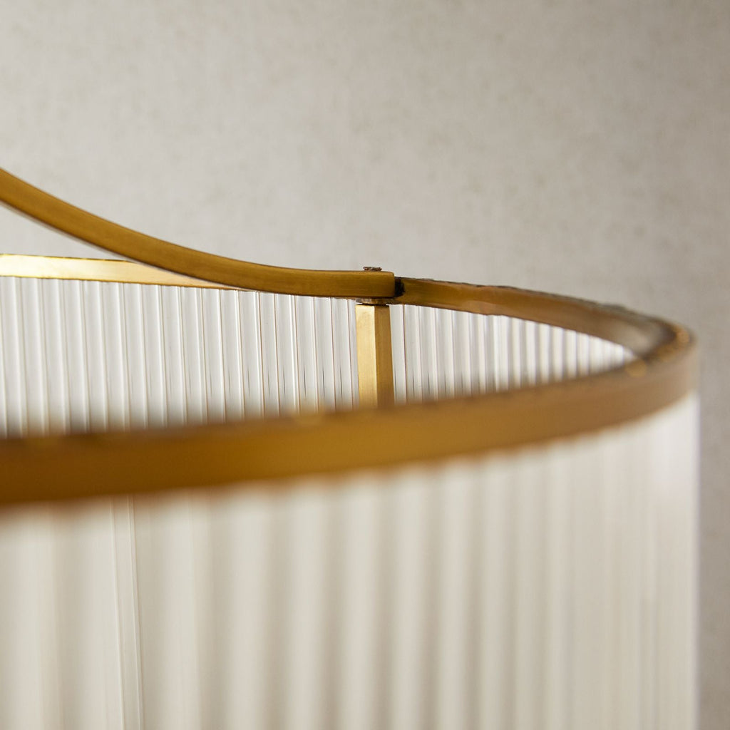 Artemis circular chandelier in brass with glass rods and frosted glass baffle